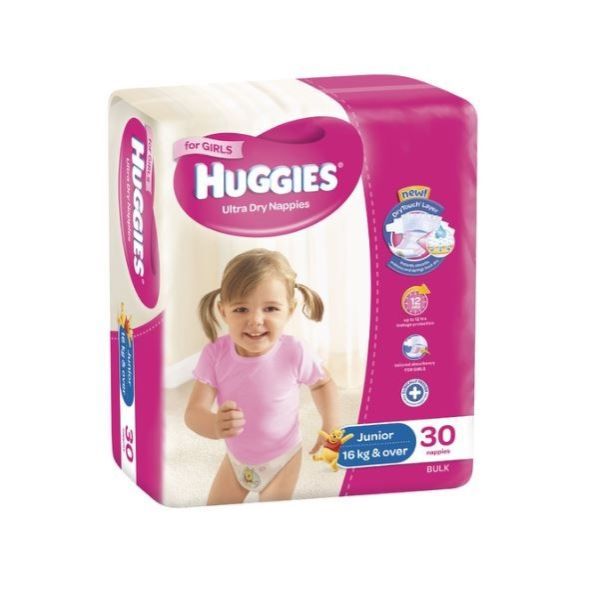 Huggies Ultra-Dry Nappies Junior Size 6 Girl 16kg+ 1080ml Pack 30