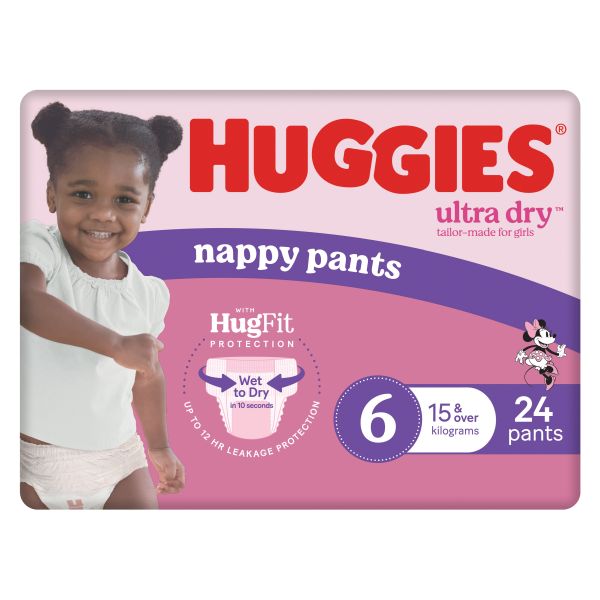 Huggies Ultra-Dry Nappy Pants Junior Size 6 Girl 15kg+ Pack 24