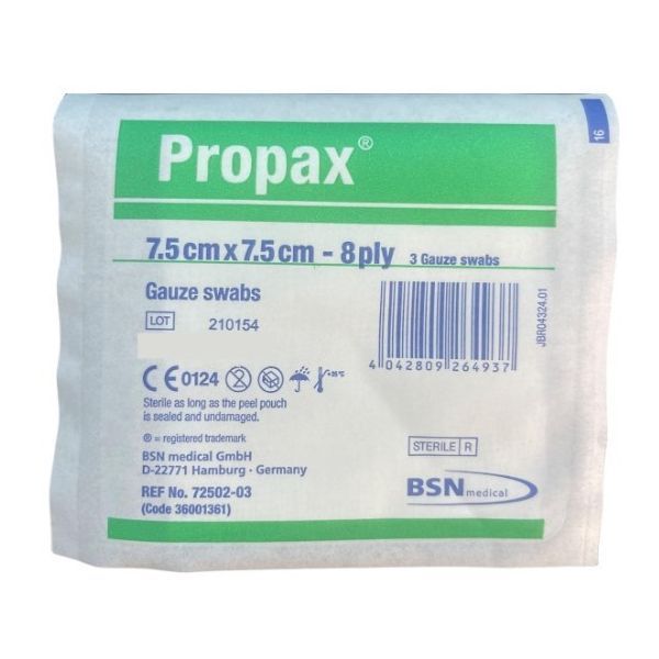 Propax Gauze Sterile 8Ply 7.5cmx7.5cm Pk3
