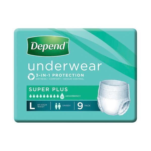 Depend Super+ Unisex underwear Large 97-127cm 1400ml Pack 9