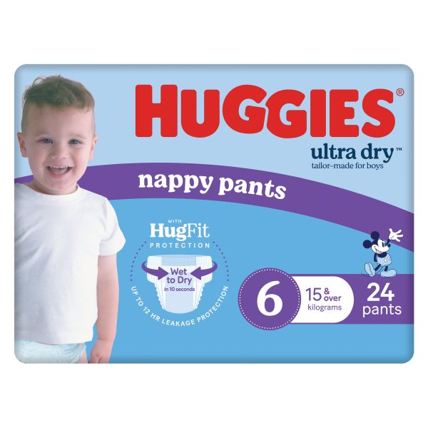 Huggies Ultra-Dry Nappy Pants Junior Size 6 Boys 15Kg+ Pack 24