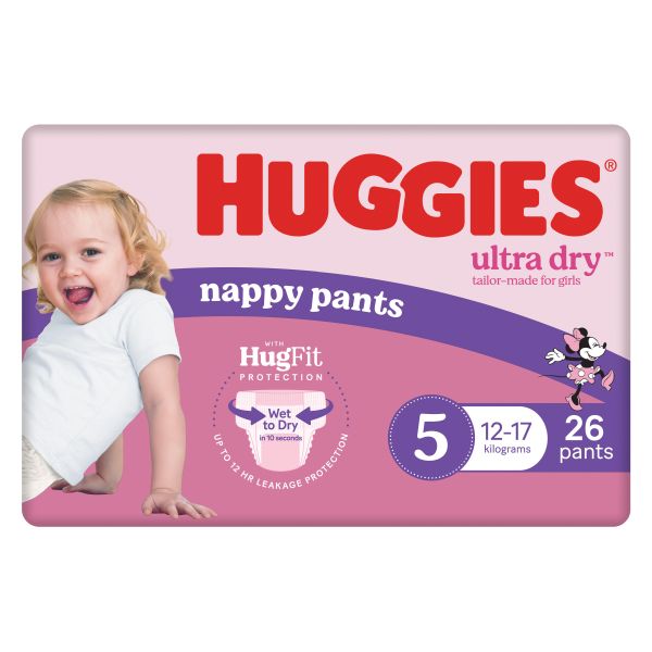 Huggies Ultra-Dry Nappy Pants Girl Size 5 12-17Kg Pk26