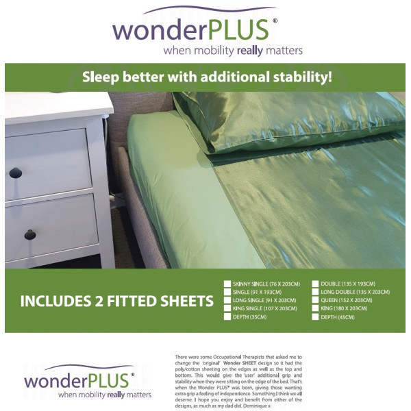 Wondersheet Plus Fitted Sheets King Single 107cm x 203cm Green 35cm Depth (2) by Wondersheet in Other Slide Sheets