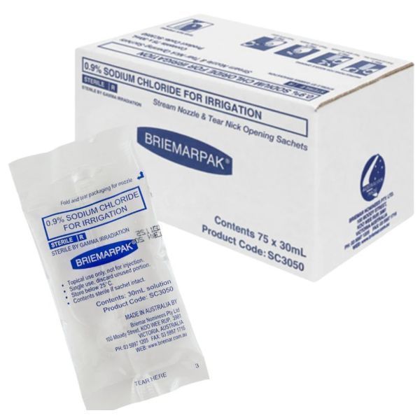 Sodium Chloride 0.9% Irrigation Solution Sachets 30ml Box 75 by Briemarpak in Solutions