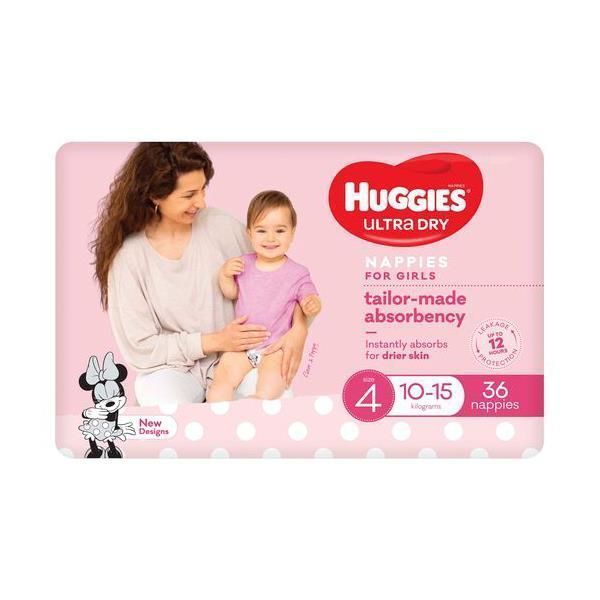 Image of Huggies Nappies Ultra Dry Size 4 Toddler Girl 10-15Kg Pack 36 by Huggies