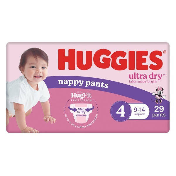 Huggies Ultra-Dry Nappy Pants Girl 9-14kg Size 4 Pack 29