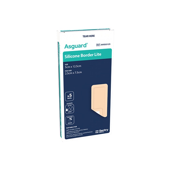 Asguard Silicone Border Lite Sterile 5cm x 12.5cm Box 5