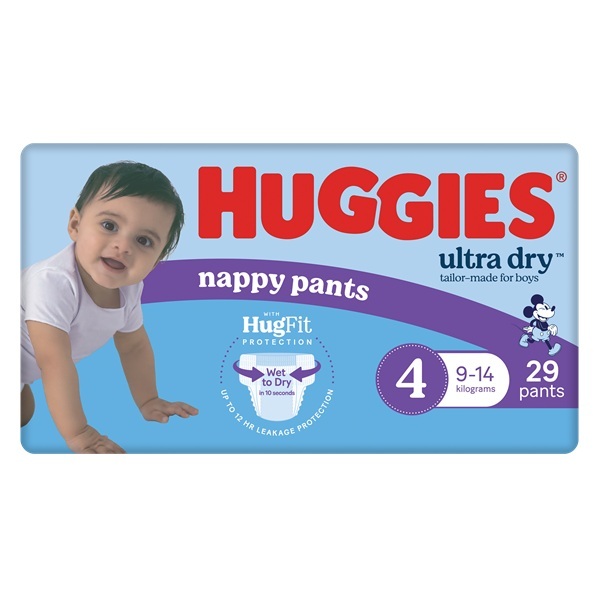 Huggies ultra-dry nappy pants toddler boys size 4. SEO optimised product photo.