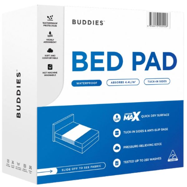 Image of a blue bed pad on a bed